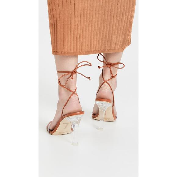 Larroude Gloria Heels Sandals Leather Vinyl Tie Ankle Straps Caramel Size 7.5 - Picture 3 of 9